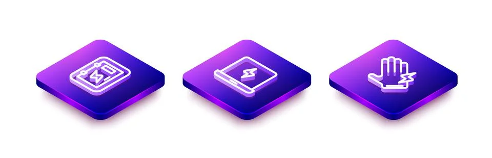 Set Isometric line Electrical panel, Laptop and glove icon. Vector Illustrazione stock