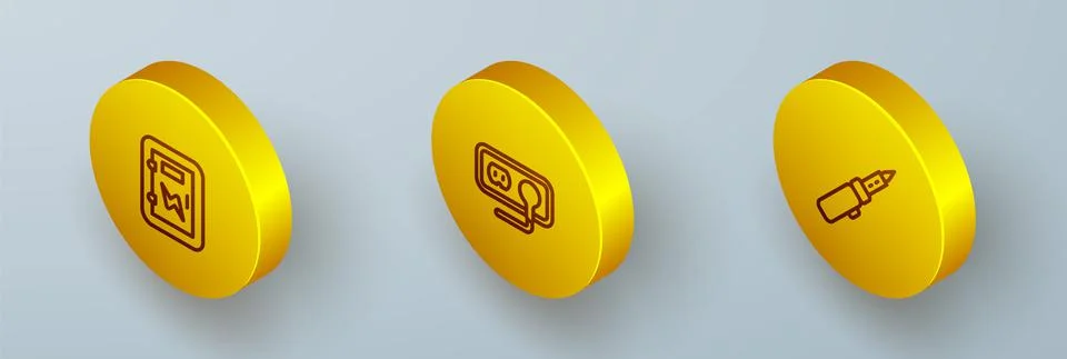 Set Isometric line Electrical panel, outlet and Soldering iron icon. Vector Illustrazione stock
