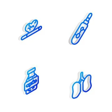 Set Isometric line Electronic cigarette, Heart disease with smoking, Nicoti.. Illustrazione stock