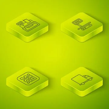 Set Isometric line Electronic scales, QR code, Delivery cargo truck and Cash Stock Illustration