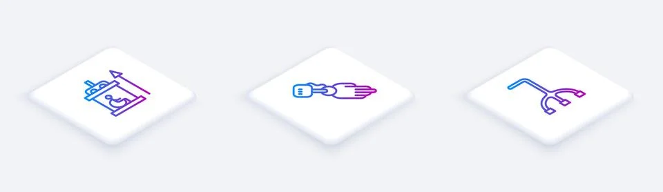 Set Isometric line Elevator for disabled, Prosthesis hand and Walking stick cane Stock Illustration