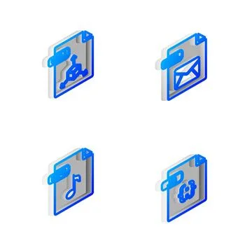 Set Isometric line EML file document, OBJ, MP3 and JS icon. Vector Illustrazione stock