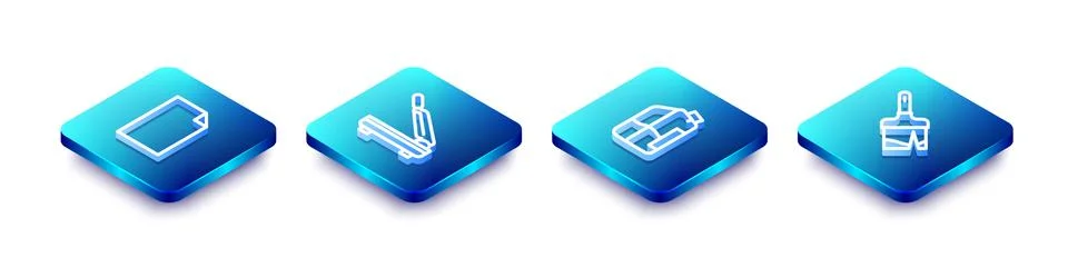 Set Isometric line Empty document, Paper cutter, Printer ink bottle and Paint Stock Illustration