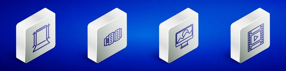Set Isometric line Empty photo studio Camera lens Photo retouching and film r Stock Illustration