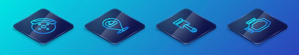 Set Isometric line Engine piston, Car brake disk with caliper, Check engine a Stock Illustration