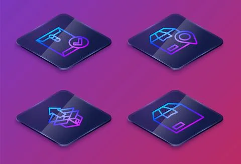 Set Isometric line Envelope and check mark, Unboxing, Location with cardboard Stock Illustration