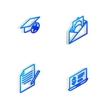Set Isometric line Envelope with dollar symbol, Graduation cap and coin イラスト素材