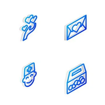 Set Isometric line Envelope with heart, Heart in hand, Male doctor and Dona.. Stock-Illustration