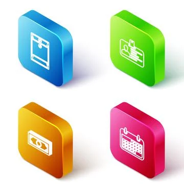 Set Isometric line Envelope, Identification badge, Stacks paper money cash and Stock Illustration