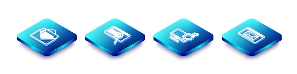 Set Isometric line Envelope, System bug concept, Computer monitor service and Stockillustratie