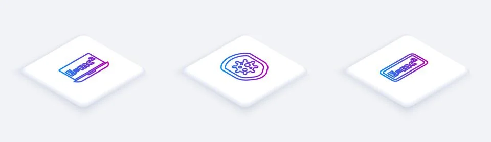 Set Isometric line Equation solution, Shield protecting from virus and . White Stock Illustration