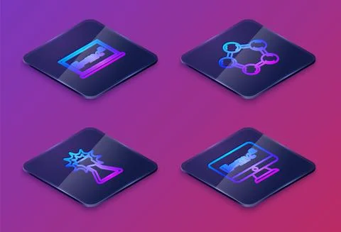 Set Isometric line Equation solution, Test tube and flask, Molecule and . Blue Stock Illustration