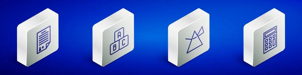 Set Isometric line Exam sheet with A plus grade, ABC blocks, Light rays in prism Stock Illustration