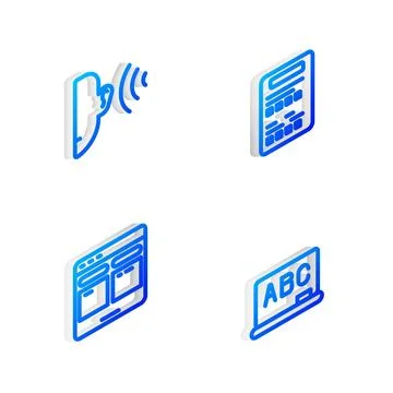 Set Isometric line Exam sheet, Ear listen sound signal, Online translator and 스톡 일러스트
