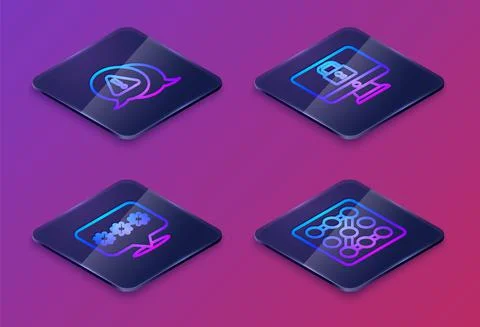 Set Isometric line Exclamation mark in triangle, Password protection, Lock Stock Illustration