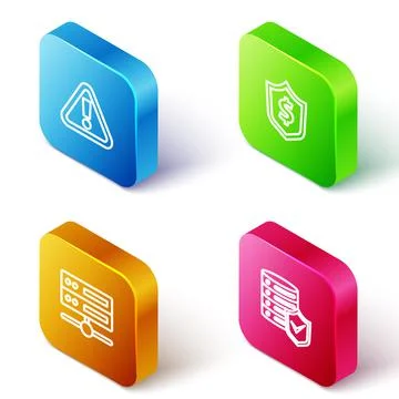 Set Isometric line Exclamation mark in triangle, Shield with dollar, Server Stock Illustration