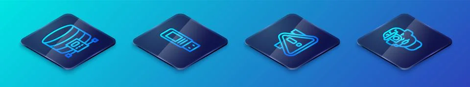Set Isometric line Exclamation mark in triangle, Cloud database, Smart glasse Stockillustratie