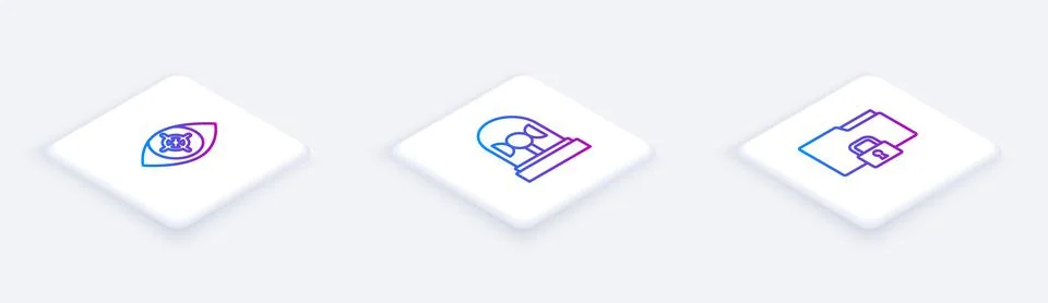 Set Isometric line Eye scan, Flasher siren and Folder and lock. White square Illustrazione stock