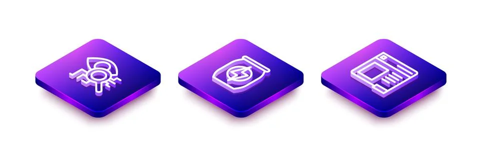 Set Isometric line Eye scan, Energy drink and Browser window icon. Vector Stockillustratie