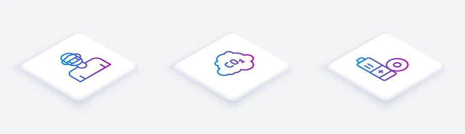 Set Isometric line Face in protective mask, CO2 emissions cloud and Battery Stock Illustration