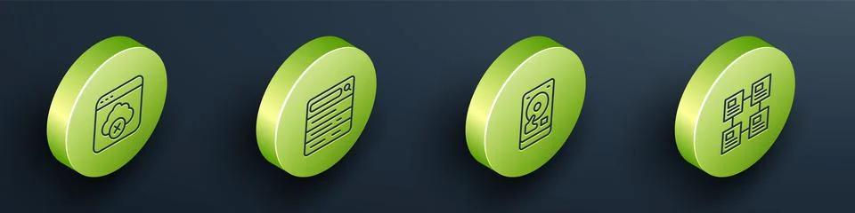 Set Isometric line Failed access cloud storage, Search engine, Hard disk drive Stock Illustration