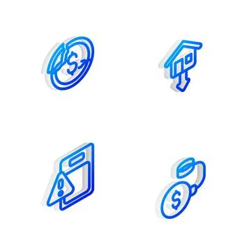 Set Isometric line Falling property prices, Dollar rate decrease, Global ec.. Stock Illustration