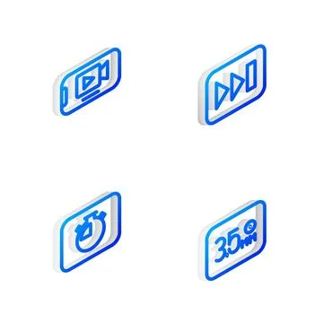 Set Isometric line Fast forward, Online play video, Stopwatch and Audio jac.. 库存插图