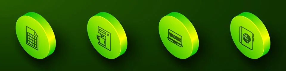 Set Isometric line File document, Coffee machine, Laptop with text work and Stock Illustration