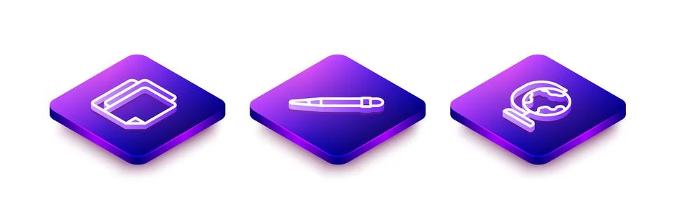 Set Isometric line File document, Pencil with eraser and Earth globe icon Stock Illustration
