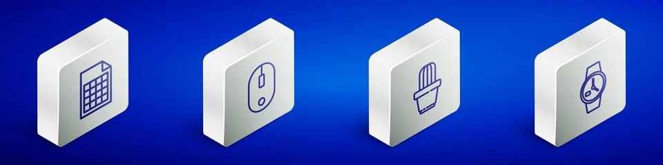 Set Isometric line File document, Computer mouse, Cactus and succulent in p.. Stock Illustration