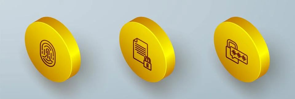 Set Isometric line Fingerprint, Document and lock and Cyber security icon Illustrazione stock