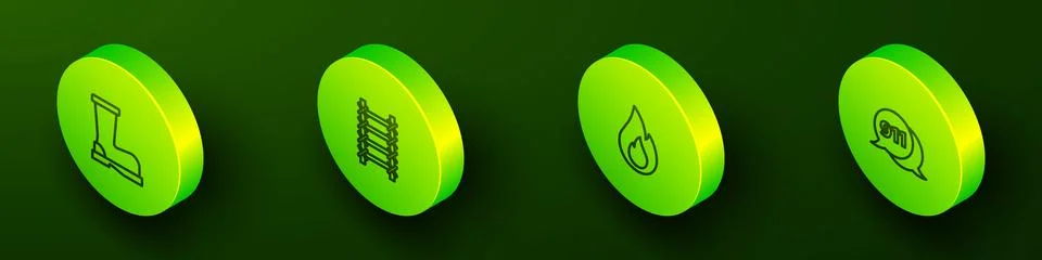 Set Isometric line Fire boots, escape, flame and Telephone call 911 icon. V.. Stock Illustration