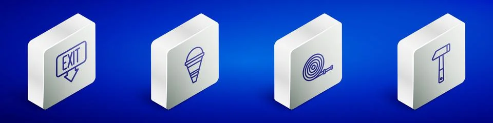 Set Isometric line Fire exit, cone bucket, hose reel and Hammer icon. Vector Stock Illustration