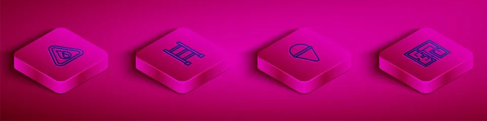 Set Isometric line Fire flame in triangle, escape, cone bucket and Evacuation Ilustración de archivo