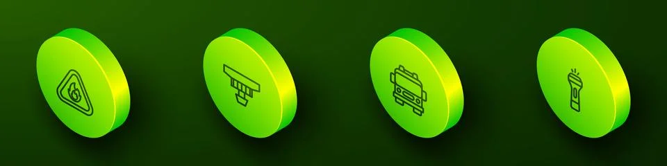 Set Isometric line Fire flame in triangle, Smoke alarm system, truck and Fl.. Stock Illustration