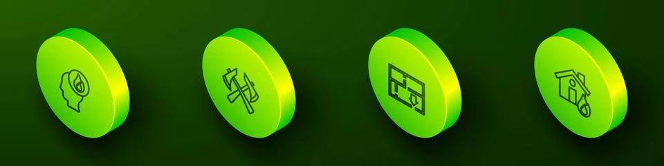 Set Isometric line Firefighter, axe, Evacuation plan and in burning house ico Illustration