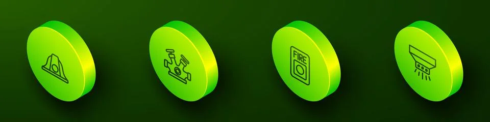 Set Isometric line Firefighter helmet, hydrant, alarm system and sprinkler ic Stock Illustration