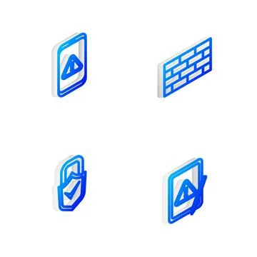 Set Isometric line Firewall, security wall, Mobile with exclamation mark, Lock Stock Illustration