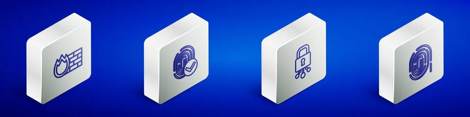 Set Isometric line Firewall, security wall, Fingerprint, Cyber and icon. Vector Stock Illustration