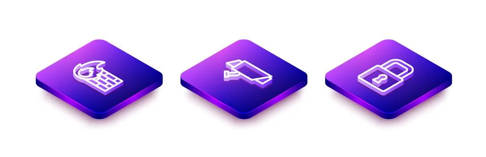 Set Isometric line Firewall, security wall, Security camera and Lock icon 스톡 일러스트