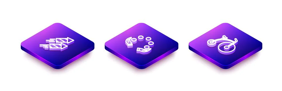 Set Isometric line Firework rocket, Juggling ball and Vintage bicycle icon... Stock Illustration