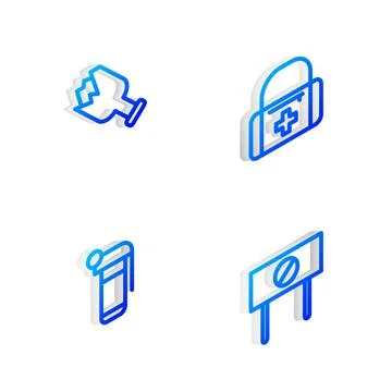 Set Isometric line First aid kit, Broken bottle as weapon, Hand grenade and Illustrazione stock