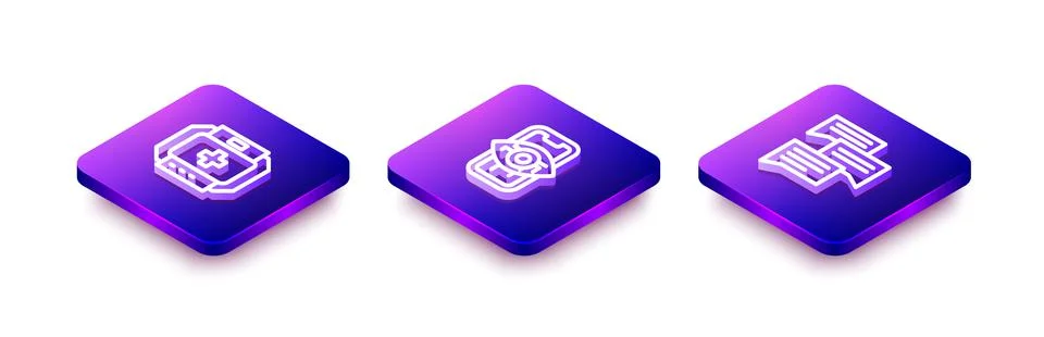 Set Isometric line First aid kit, Computer vision and Speech bubble chat icon Illustrazione stock
