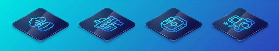 Set Isometric line First aid kit, Network cloud connection, Cyber security and Stock Illustration