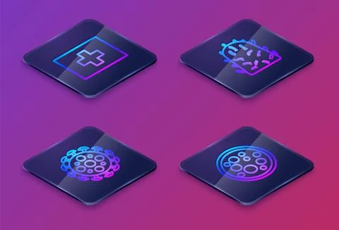 Set Isometric line First aid kit, Virus, Rabies virus and . Blue square button Stock Illustration