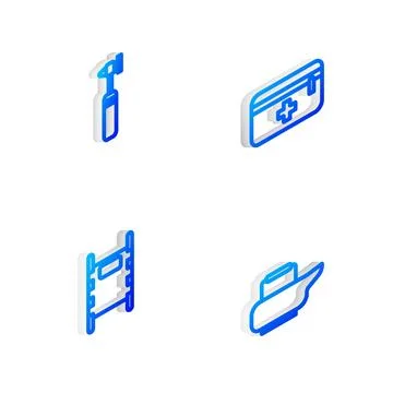 Set Isometric line First aid kit, Medical otoscope tool, Stretcher and Bedpan Stock Illustration