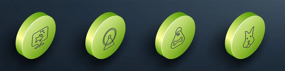 Set Isometric line Fish, Hamster wheel, Dog collar with bone and icon. Vector Stock Illustration