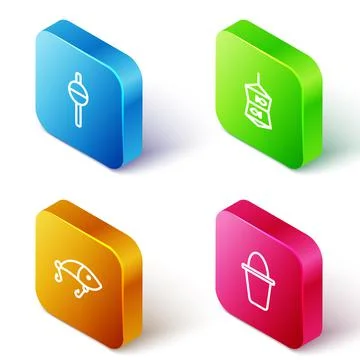 Set Isometric line Fishing float, net with fish, lure and bucket icon. Vector 库存插图
