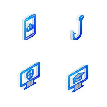Set Isometric line Fishing hook, Smartphone with upload, Monitor and shield and Stock Illustration