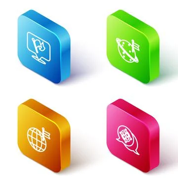Set Isometric line Flag, Moon with flag, Planet and Target icon. Vector Ilustração Stock